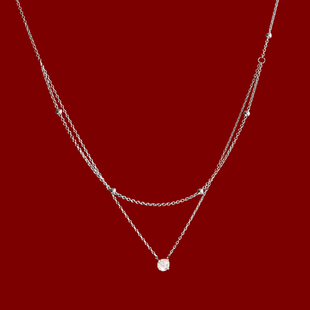 Single Gem - 2 Layers Silver Necklace
